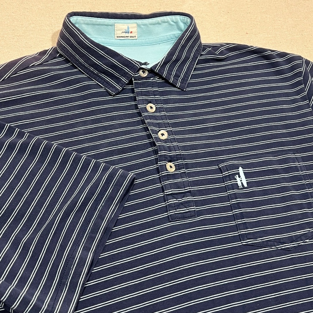 Johnnie O Hangin' Out‎ Mens Polo Shirt Size M Navy Blue Striped Surfboard